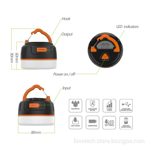 Portable LED Camping Lantern with 5200mah Power Bank & Magnet for Hiking & Illumination & Phone Charging